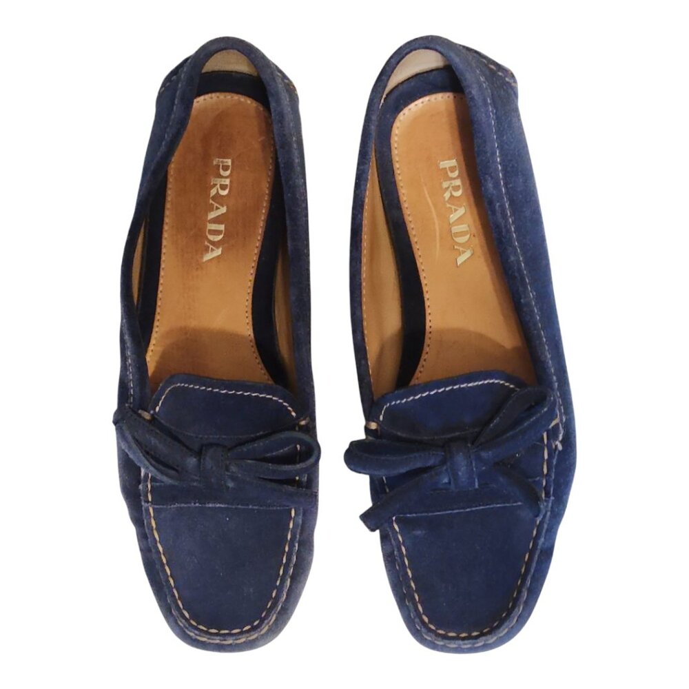 Prada Womens Bleu Suede Bow Driver Loafer 35.5 - Picture 2 of 10